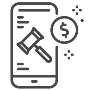 Smartphone screen with a gavel and a dollar coin, representing online legal fees or legal services payments.